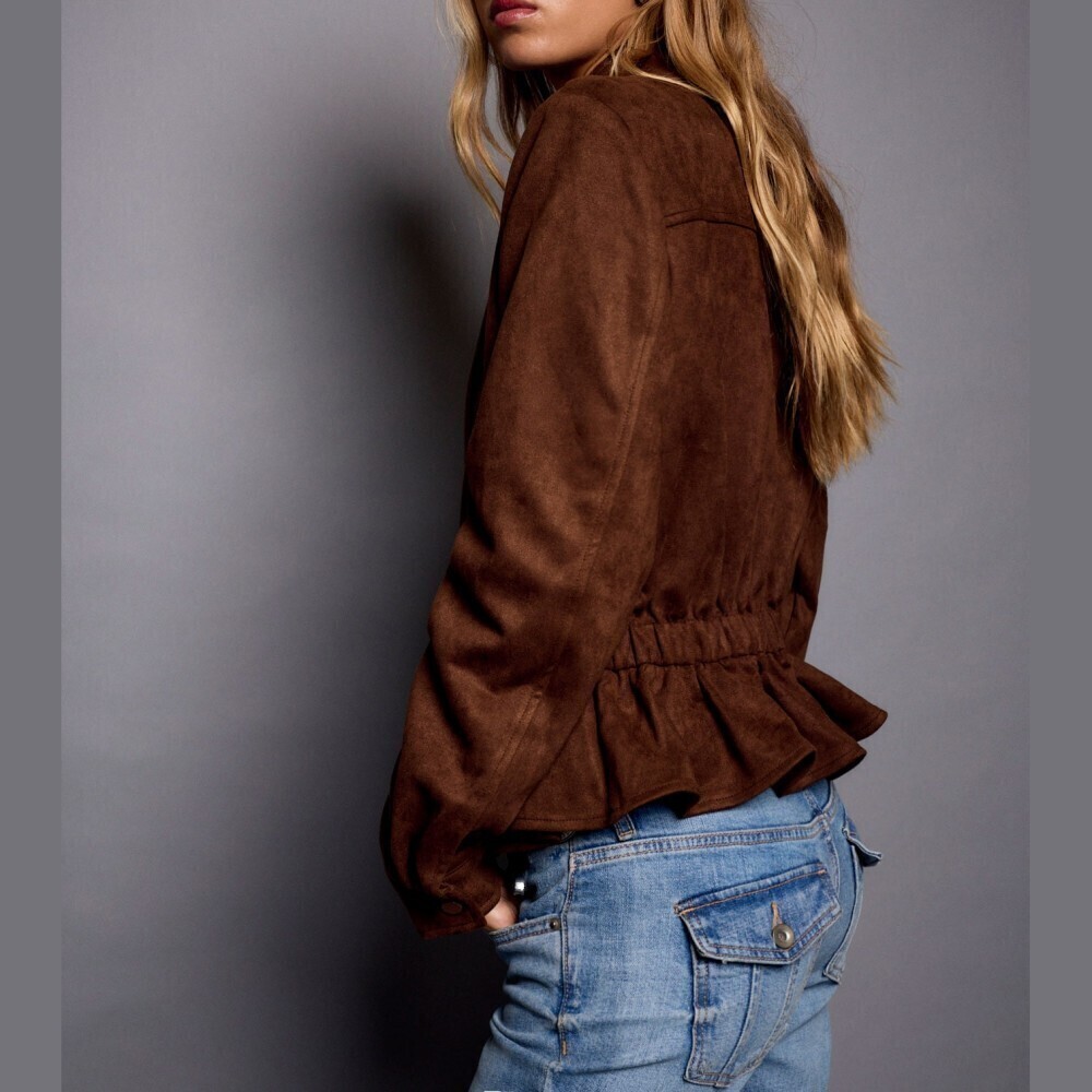 Brown Faux Suede Stand Collar Cinched Waist Zip Front Jacket